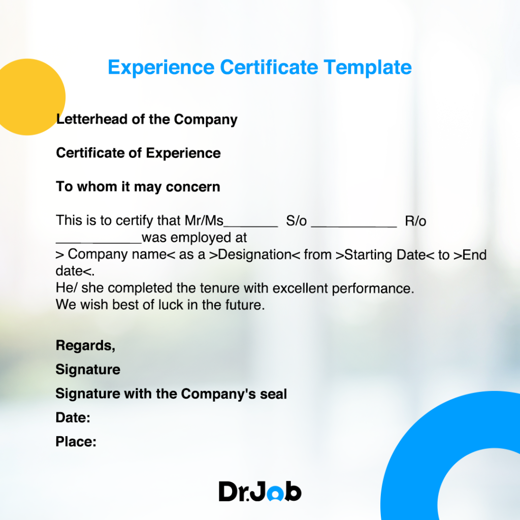 template for experience certificate