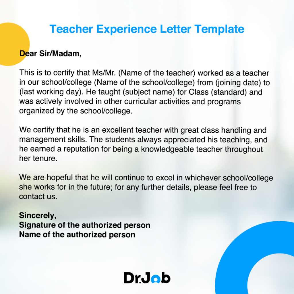 Teacher Experience Letter Template!