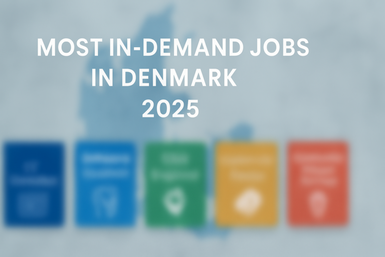 Blurred curiosity-driven banner for 'Most In-Demand Jobs in Denmark 2025' with colored job cards and Denmark map background