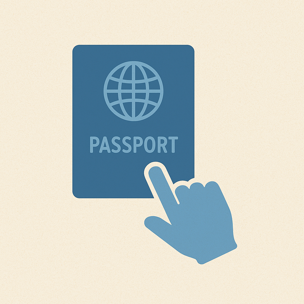 Minimalist icon of a blue passport with a globe symbol and a pointing hand, representing applying for jobs from abroad