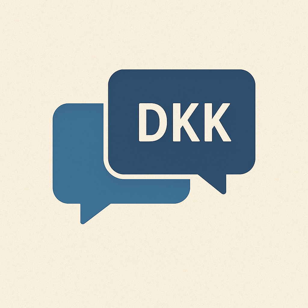 Minimalist icon of two overlapping speech bubbles, one containing the text 'DKK', representing salary negotiation for foreign workers