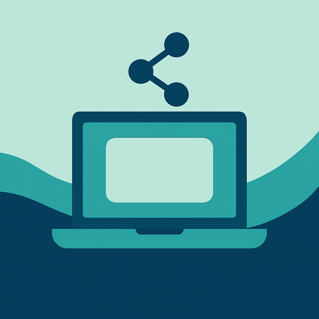 Minimalist design featuring a modern laptop at the center of a calming teal and navy abstract background, with a network connection symbol floating above the screen