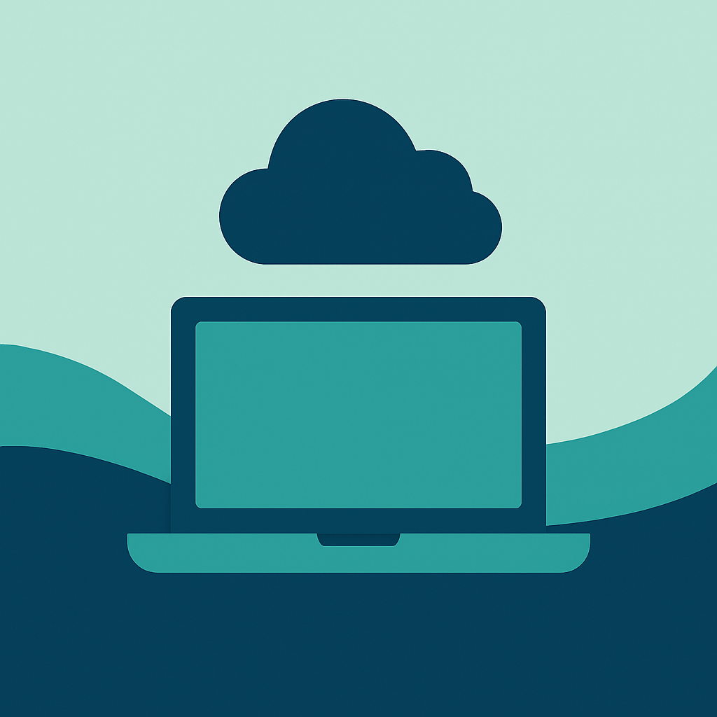 Flat-style digital illustration of a laptop with a cloud icon above it, set against a wavy teal and navy abstract background, representing cloud computing