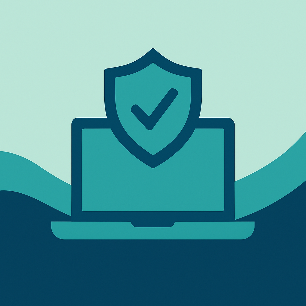 Minimalist digital design featuring a laptop with a shield icon and a checkmark on the screen, set against abstract teal and navy blue waves, symbolizing cybersecurity protection