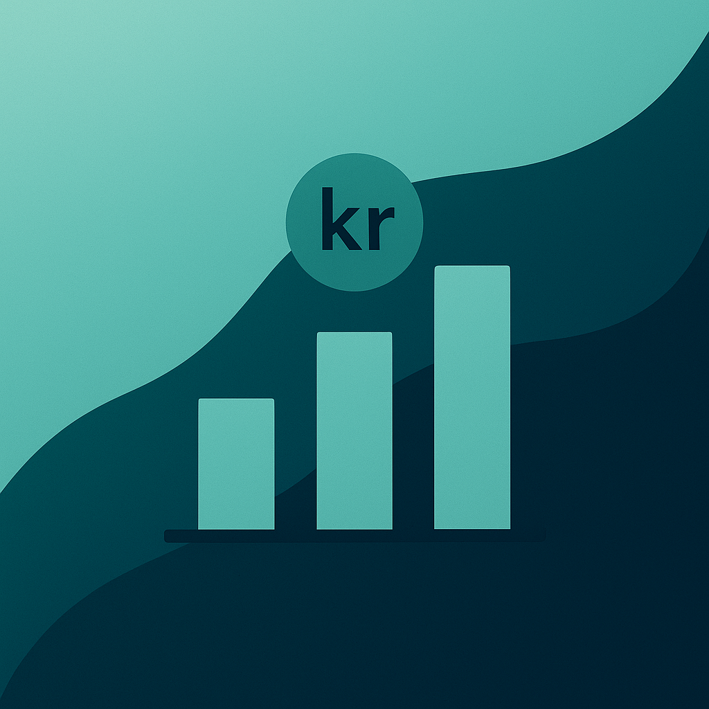A stylized bar chart on a teal background. The bars are different heights, representing data points. Above the tallest bar is a circular icon with the currency symbol