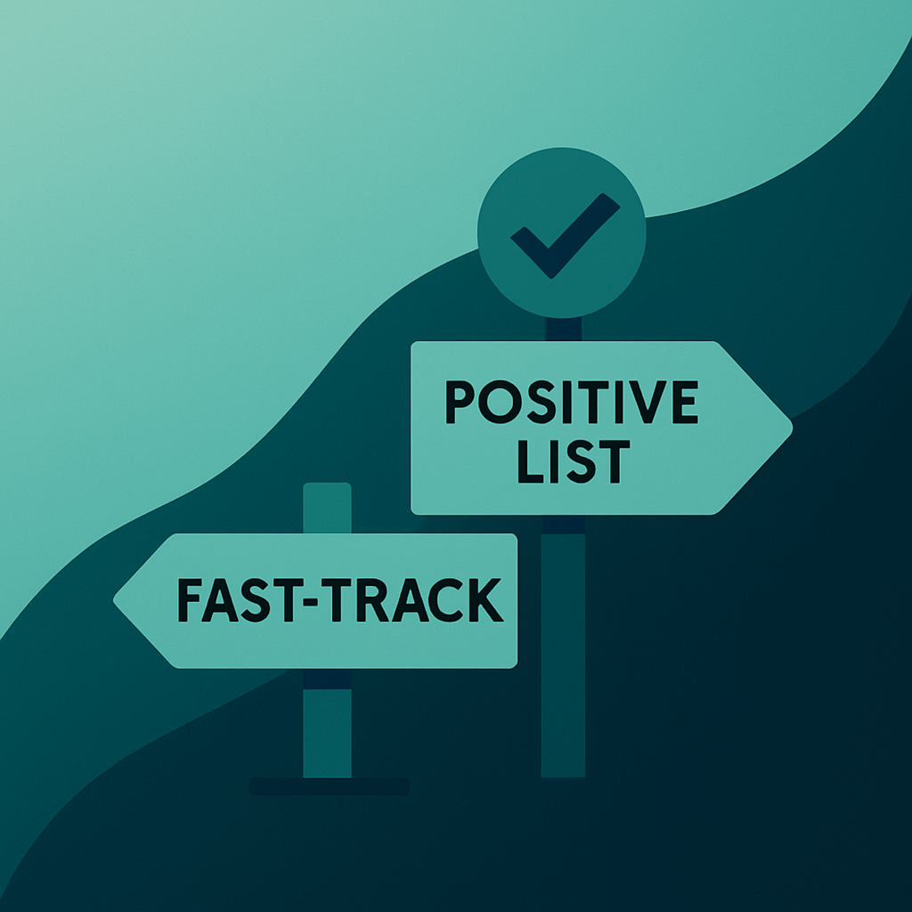 Minimalist design featuring two directional signposts on a teal gradient background: one labeled 'FAST-TRACK' with an arrow, and the other labeled 'POSITIVE LIST' with a checkmark above it, symbolizing visa pathways for non-EU IT professionals in Denmark
