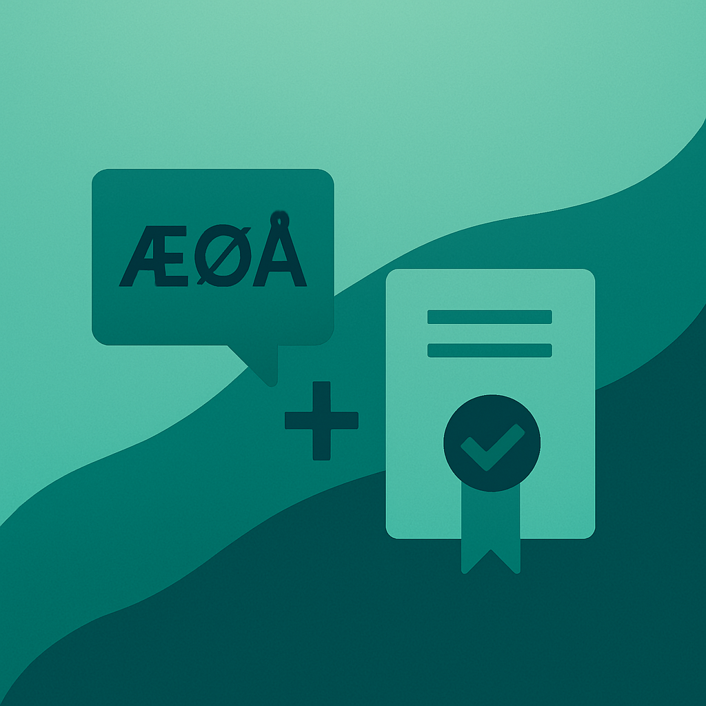 A stylized illustration on a teal background. On the left is a speech bubble containing the Danish letters
