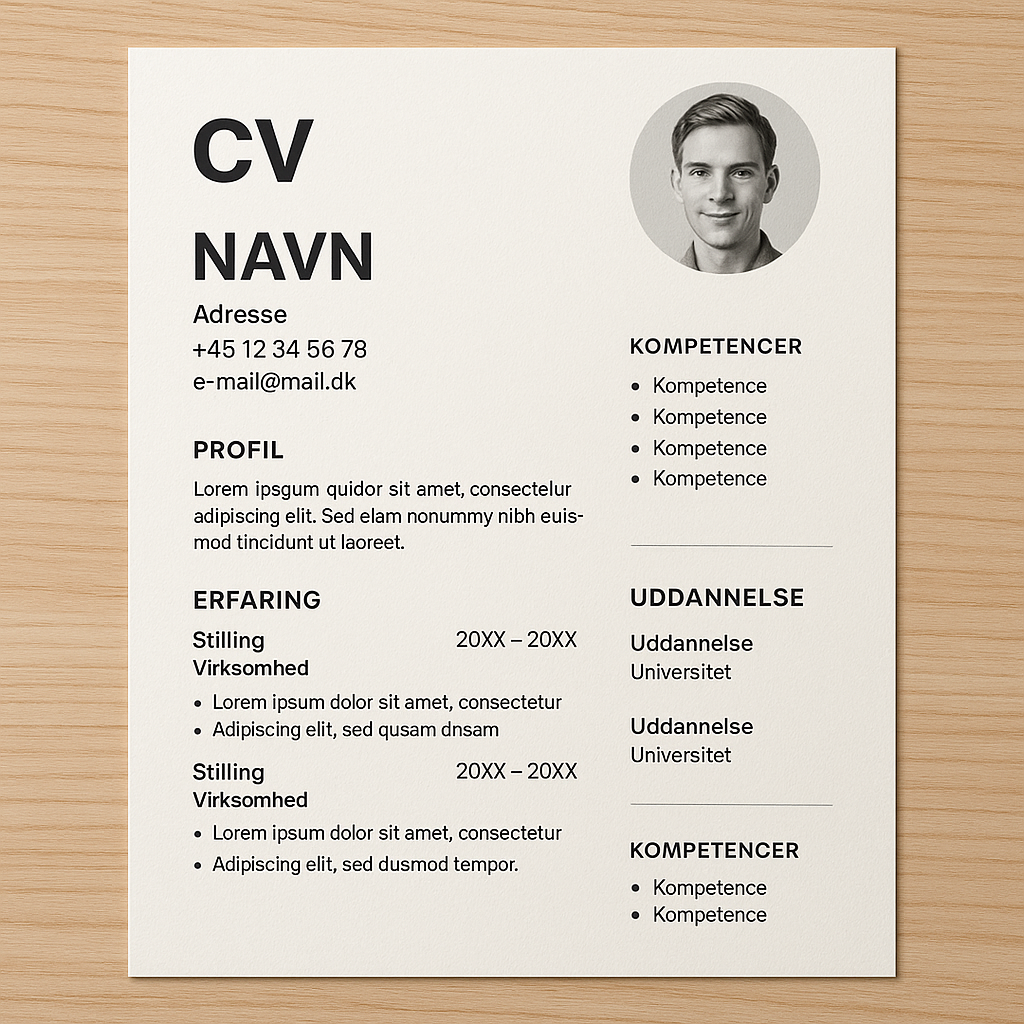 Modern Danish CV template example showing profile, work experience, education, and competencies in a clean layout, suitable for job applications in Denmark