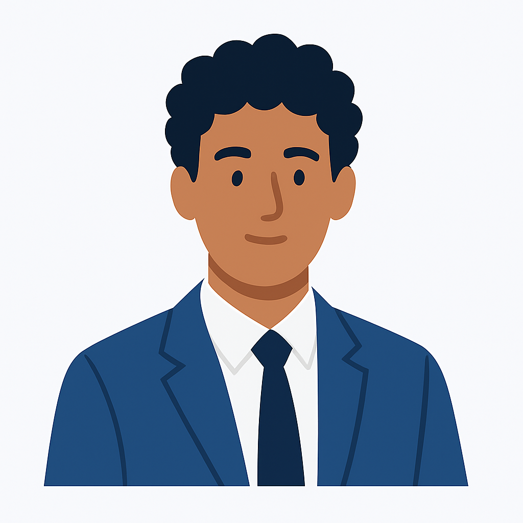 Illustration of a Suleiman alnsour in a navy blue suit and tie with short curly black hair, medium skin tone, and a neutral expression, depicted in a flat vector style