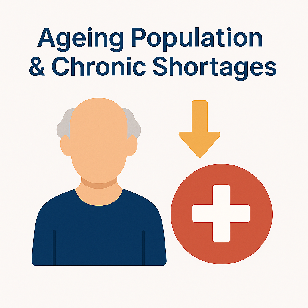 Minimalist flat illustration showing an elderly person icon, a downward arrow, and a red medical cross, representing Denmark's ageing population and chronic healthcare worker shortages