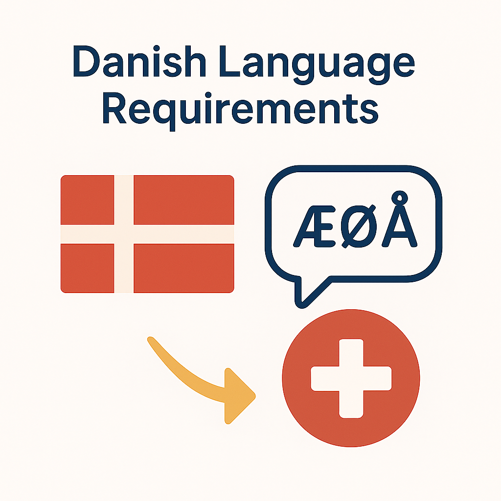 Minimalist flat illustration showing the Danish flag, a speech bubble with Danish letters ÆØÅ, and a medical cross, symbolizing Danish language requirements for healthcare jobs in Denmark