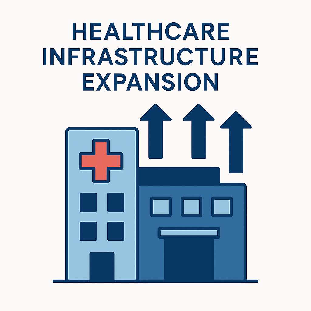 Minimalist flat illustration of a modern hospital building with a red medical cross and three upward arrows, symbolizing healthcare infrastructure expansion in Denmark