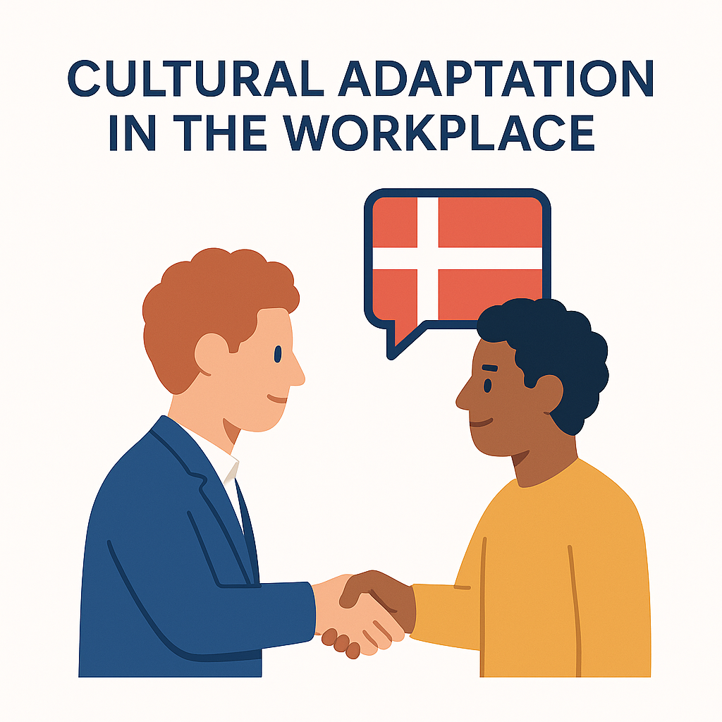 Minimalist flat illustration of two diverse professionals shaking hands with a Danish flag speech bubble, symbolizing cultural adaptation in the workplace in Denmark