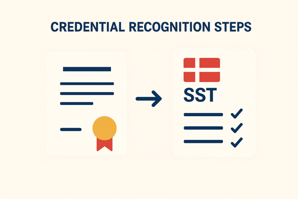 Credential recognition steps in Denmark for healthcare professionals, showing certificate submission to Danish Patient Safety Authority (SST) with checklist and approval.
