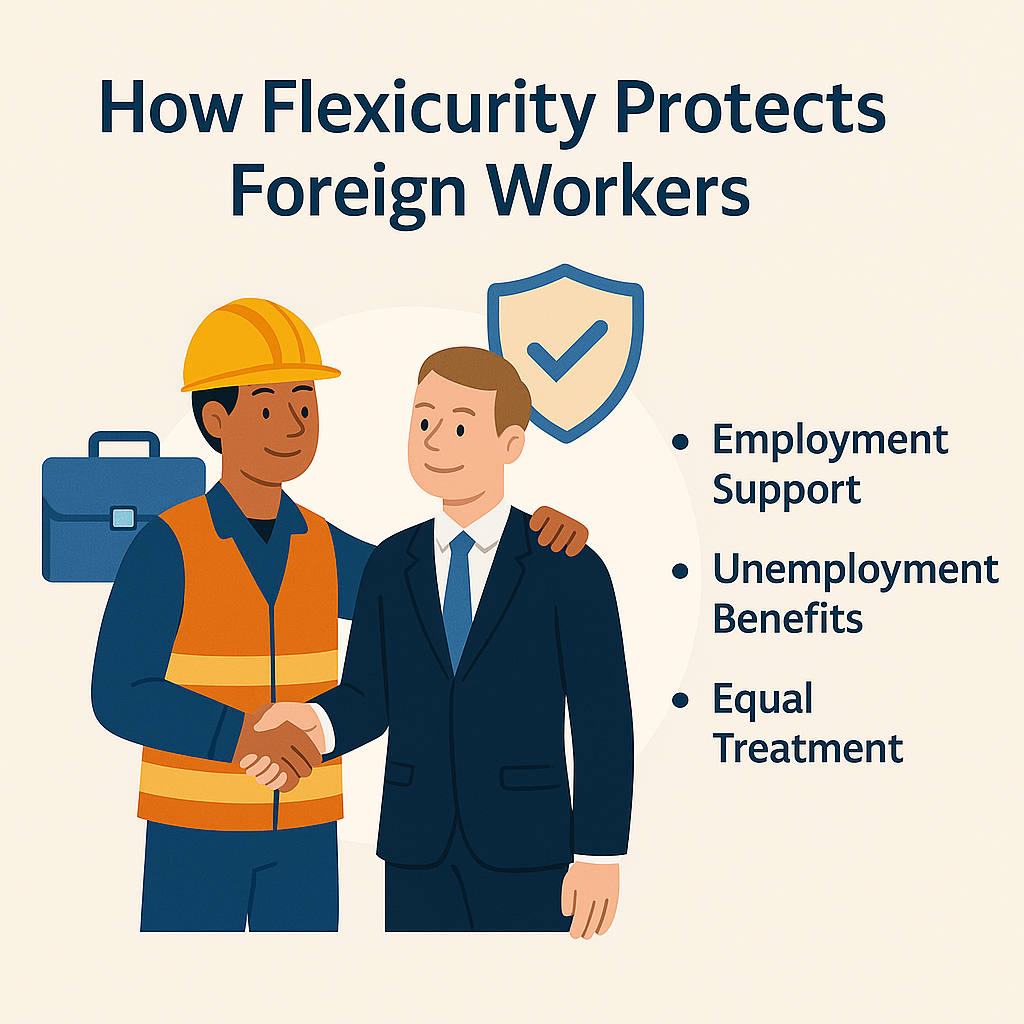 Illustration showing a foreign worker shaking hands with an employer under a shield icon, highlighting flexicurity benefits like employment support, unemployment coverage, and equal treatment.
