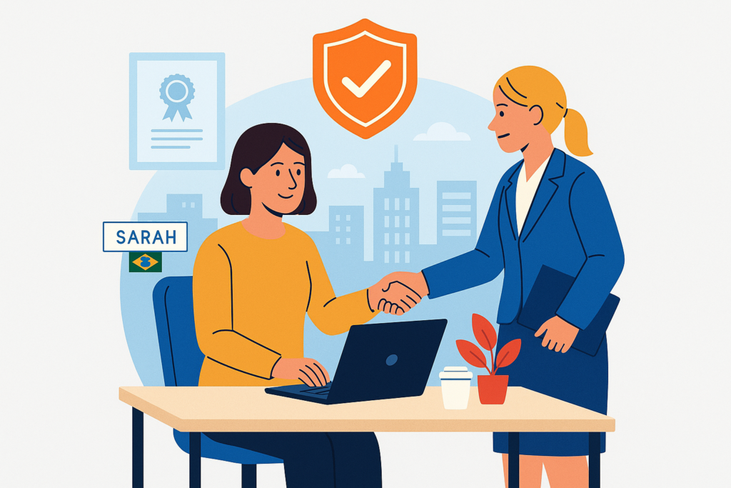 Illustration of Sarah, a Brazilian software developer in Denmark, shaking hands with a job advisor, symbolizing flexicurity benefits like reemployment support, legal aid, and funded reskilling.