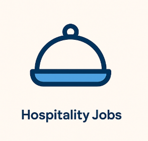 Minimalistic flat vector icon for hospitality careers in Denmark, styled in Dr. Job colors, representing hotels, restaurants, and tourism jobs.

