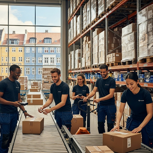 A group of happy, diverse employees working in an entry-level logistics job in Copenhagen.