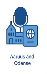 Flat vector illustration of Aarhus and Odense entry-level job markets, in Dr. Job theme.

