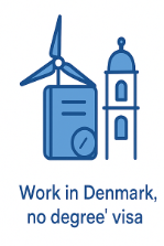 Flat-style illustration explaining the “Work in Denmark, no degree” visa route, in Dr. Job colors.

