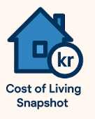 Flat vector illustration of living costs and lifestyle in Denmark, in Dr. Job brand palette.

