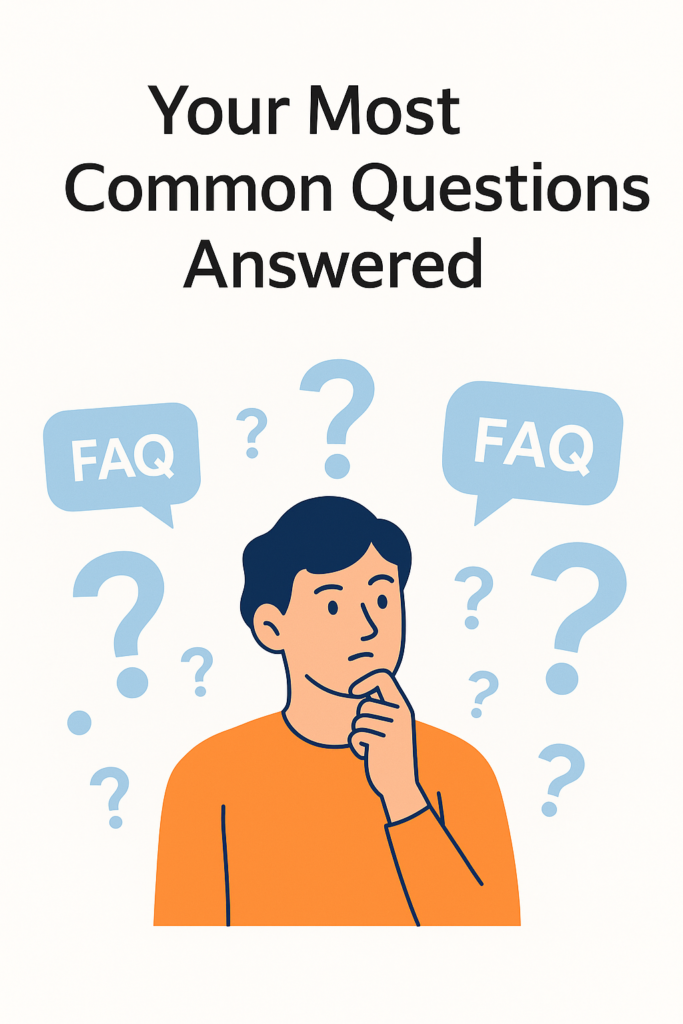 Illustration of a person surrounded by question marks and FAQ speech bubbles, symbolizing answers to frequently asked questions.